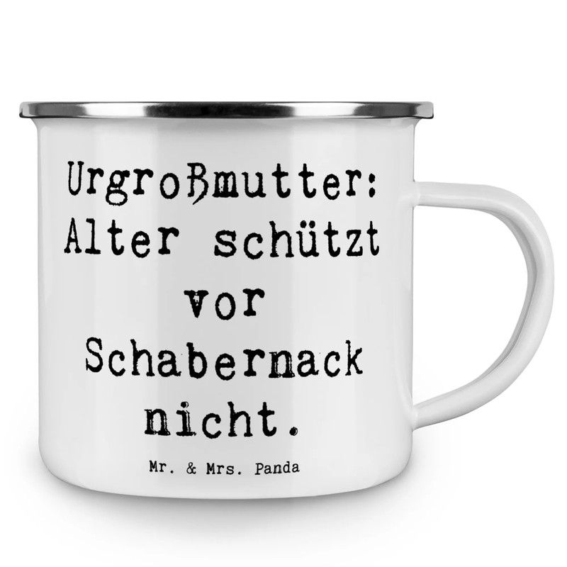 Mr. & Mrs. Panda Camping Emaille Tasse Spruch Urgroßmutter Schabernack