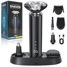 Rasuradora para Hombre Recargable,Afeitadora Eléctrica Hombre con Pantalla LED, Shaver Impermeable IPX6 para Afeitado en Seco y Húmedo (Negro con base)