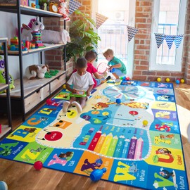B BENRON Kids Rugs for Playroom Washable, Educational and Fun Learning Rugs with ABC Alphabet Animals Shapes, Baby Toddler Children's Play Mat for Bedroom Classroom Nursery, 5x7 Feet, Blue