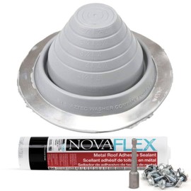 Fasteners Plus #3 Round Silicone Metal Roof Pipe Flashing Boot Kit - Fits 6-3/4" - 13-1/2" Pipe OD - Includes Flashing, NovaFlex Sealant & Roofing Stitch Screws - Gray (Made in USA)