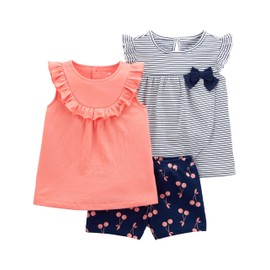 Simple Joys by Carter's Baby Girl T-Shirt Set, Navy Stripe / Peach / Cherry