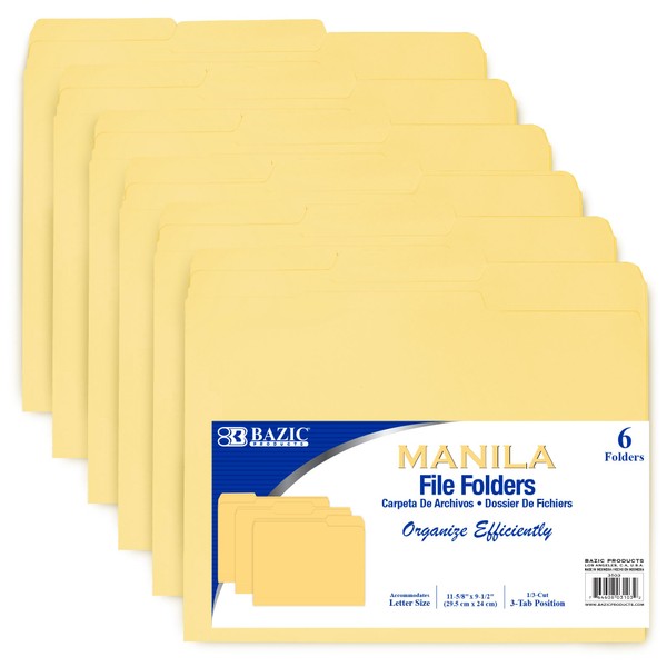 BAZIC Manila File Folder 1/3 Cut Letter Size, Left Right Center Tabs Positions, for Organizing Filing Document Storage, Total 6-Count