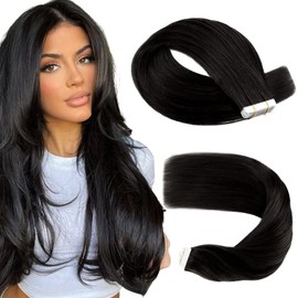 Sassina Tape-In Real Hair Extensions, 40 cm, Soft Skin Weft Tape-In Extensions, Colour Jet Black, 50 g, 20 Pieces, #1
