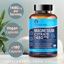 Magnesium Citrate 1480mg - 180 Vegan Capsules not Tablets - Providing 444mg Elemental Magnesium - 3 Month Supply - High Strength Supplements - Made in The UK by Howard & James