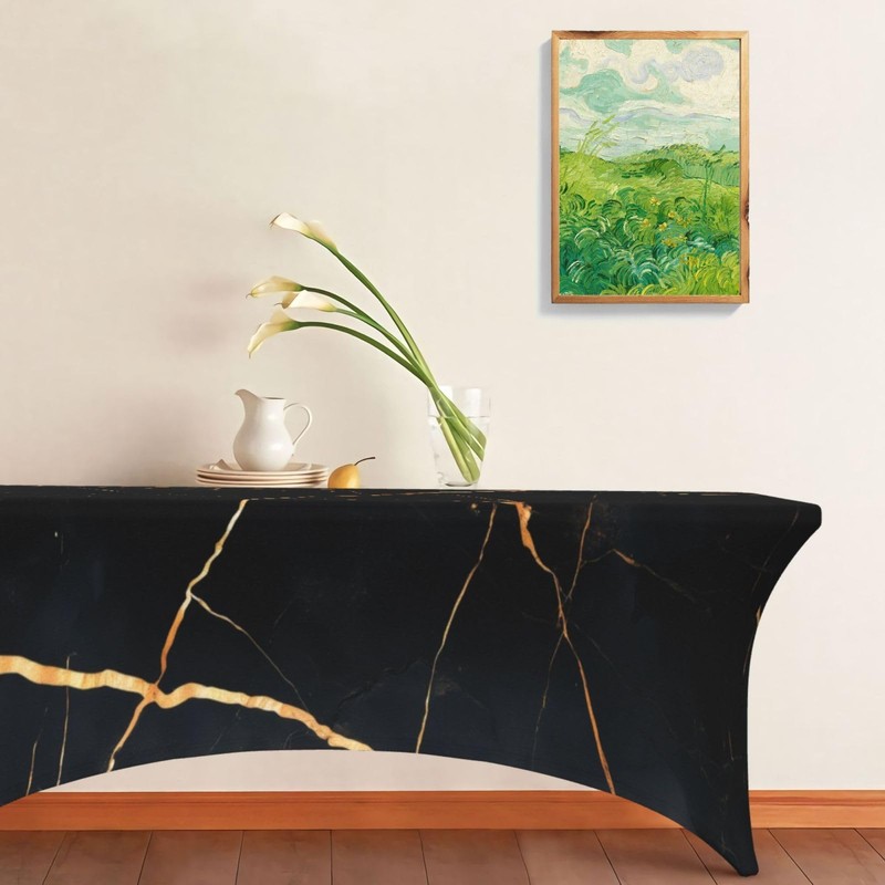 MELEYELIN Black Marble Spandex Tablecloth for Rectangular Tables, Fitted Tablecloth