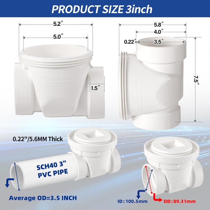 3" White PVC Backwater Valve, Sewage and Rainwater Backflow Preventer