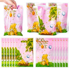 Z1juce 50PCS Vintage Pink Winnie Party Favor Bags Pink Winnie Plastic Gift Bags with Handle for Birthday Party Bear Themed Parties Decorations Bag for Kids Bear Cute Bag for Baby Shower Parties Favors
