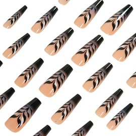 Leopard Print Press on Nails Long Coffin Glue on Nails Black French Tip Stick on Nails Gradient Artificial Nails Stripe Fake Nails Glossy Acrylic Nails Full Cover False Nails Kit for Women Girl 24Pcs