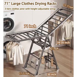 Mimiblack Heavy Duty Clothes Drying Rack Foldable with Wheels, 71'' Extra-Thick Metal Laundry Dryer Stand, 27 Rods Free-Standing for Indoor/Outdoor Windproof Use - Large Size