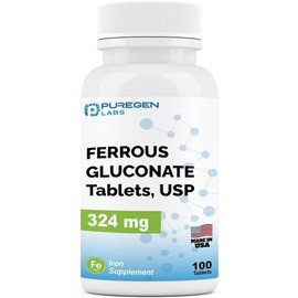 Puregen Labs Ferrous Gluconate 324 mg [High Potency] Iron Supplement 100 tabs
