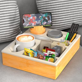 Couch Cup Holder Tray - Couch Organizer Caddy, Silicone Beach Caddy with Cup Holder, Sofa and Bed Drink Holder and Couch Tray Table for Snacks Beverage Remote (Beige)