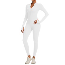 Women Long Sleeve One Piece Workout Jumpsuit Romper Bodysuit Tummy Control Body Suits Jumpers highneck compression design with ankle-length White S