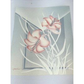 Still Floral Painting Lily White & Pink On Canvas Pastel 11.5x13.75 8x10 80s