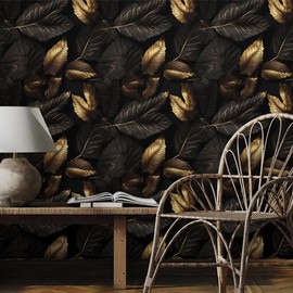 REDAMANCY Modern Dark Black Gloden Steel Leaf Plants Botanical Peel and Stick Wallpaper Stick on Contact Paper Vintage Wall Paper Easy Peel Off for nightstand Drawer Cabinet Renter