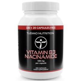 Vitamin B3 Niacinamide Supplement 500mg Flush Free Capsules - 200 High Strength Caps (6+ Month Supply), Each with 500 mg of Pure VIT B3 Nicotinamide 500mg Powder