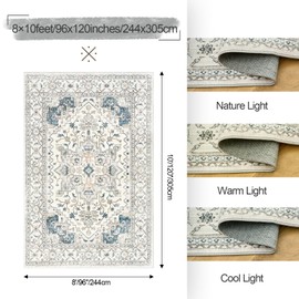befbee Washable Area Rug 8x10, Area Rugs Stain Resistant Neutral Washable Rugs for Living Rooms Bedroom Vintage Non-Slip Thin Large Size Area Rug（BeigeBlue）