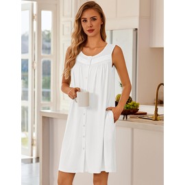 Ekouaer Nightgowns for Women Button Up Sleepshirt Tank Sleeveless Nightshirt Soft Sleepwear with Pockets White XX-Large