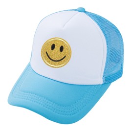 lycycse Sombrero de cara sonriente para mujer, de malla, neón, con parche de sonrisa, retro, gorra de béisbol Y2K, Azul / Patchwork, 7-7 1/2