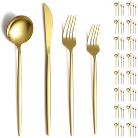 Evanda Gold Silverware Set 64 Piece Service for 16, Titanium Gold Plated Stainless Steel Flatware Set, Knives Forks Spoons Cutlery Set for Wedding, Parties, Birthday, Restauroom, Dishwasher Safe