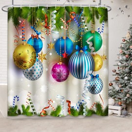 Britimes Christmas Shower Curtain, Christmas Bathroom Sets, Colorful Xmas Balls Green Pine Branches Waterproof Polyester Fabric Bathroom Decor Bath 72 x 72 Inches Set with Hooks