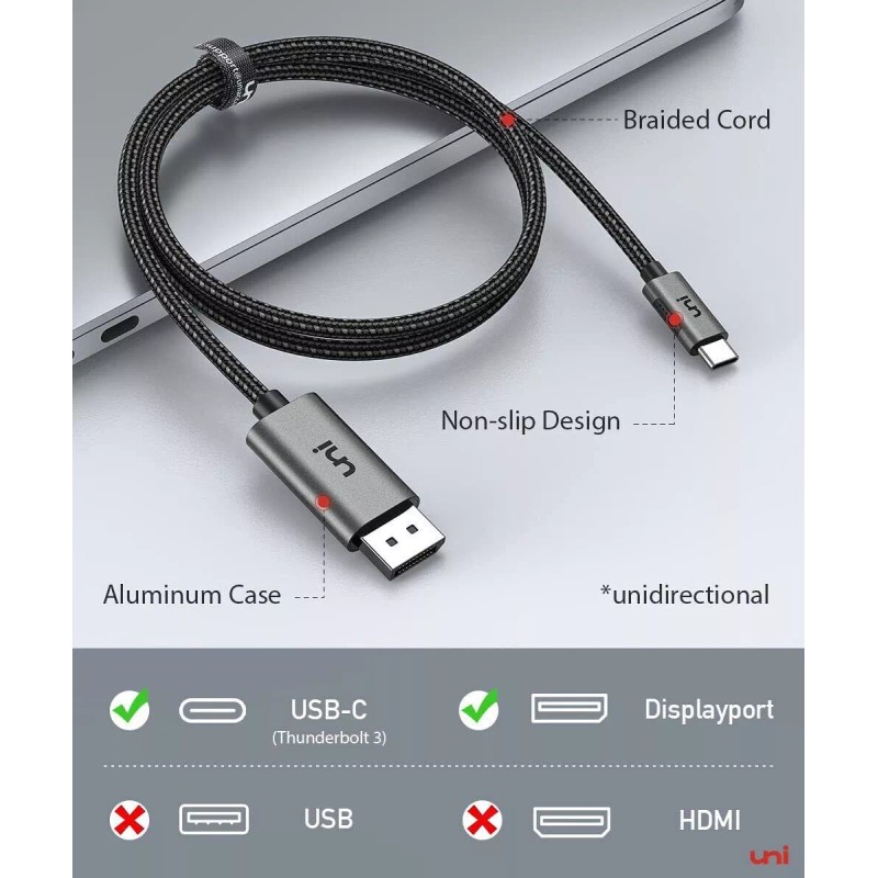 Uni USB-C to DisplayPort Cable 4K 60Hz 6' Long -