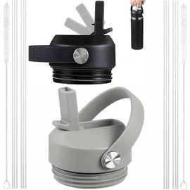 Straw lid for Yeti Rambler 18 26 36 64 oz, Lid with Straws and Flexible Handle, Replacement Cap for Yeti 18oz 26oz 36oz 64oz Rambler Water Bottle Straw Cap (Black+Stone - 2 Pack)