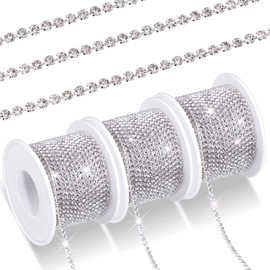 3 Rolls Total 33 Yards 2 MM Crystal Rhinestone Close Chain Trim Crystal Claw Cup Chain Sew on Trim for Sewing Crafts DIY Decoration Jewelry Wedding (Silver)