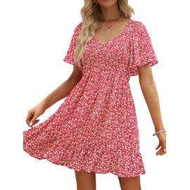 UEAL Summer Dresses for Women 2025 Fit and Flare Smocked Spring Sun Dress for Women Medium Burgundy Floral