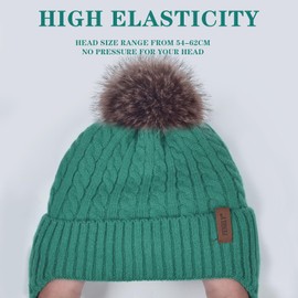 Women Winter Beanie Hat Knit Earflap Hats Warm Thick Fleece Lined Soft Skull Cap with Fashion Cute Faux Fur Pom Outdoor Indoor Green Cold Weather Snow Ski Running