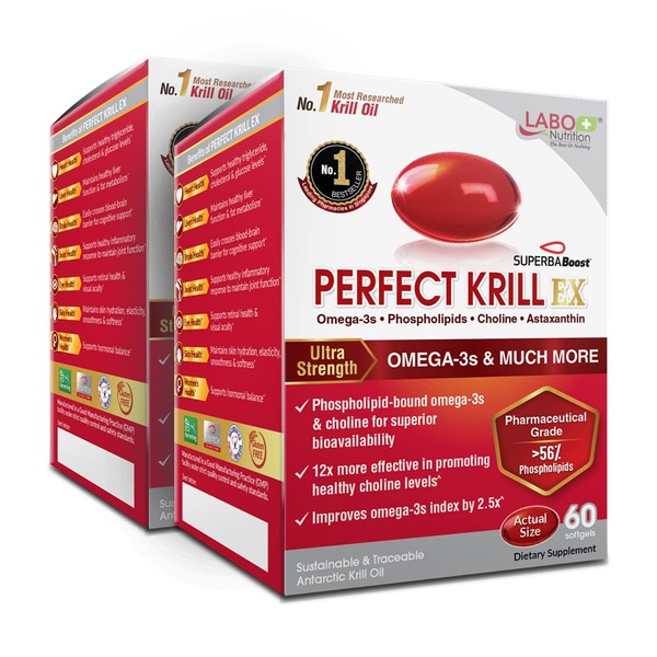 LABO Nutrition Perfect Krill EX, The Purest Ultra Strength Antarctic Krill Oil, Highest Phospholipids (>56%) with Choline & Astaxanthin, Omega 3, Heart & Joint Support, 100% Made In USA, 2x 60softgels