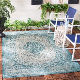 SAFAVIEH Courtyard Collection 9' x 12' Teal / Cream CY8720 Indoor/ Outdoor Easy Cleaning Patio Backyard Mudroom Area Rug