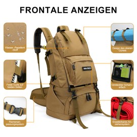 INOXTO 45L Waterproof Lightweight Hiking Backpacks with Waterproof Rain Cover for Men and Women Outdoor and Hiking, khaki, Unit size