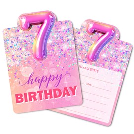 Birthday Invitations, Pink 7th Birthday Invitation Cards with Envelopes (30 PACK), Rainbow Foil Fill-in Invites for Girls Kids Seventh Party Supplies Decorations Favors