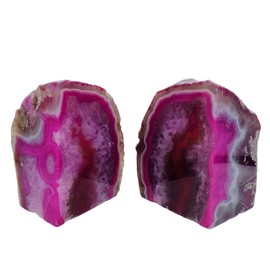 Agate Bookends Natural Crystal Unique Geode Book Ends Dyed Pink 3-4 lbs for Heavy Books 1 Pair with Rubber Bumpers