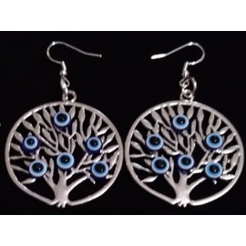 Tree of Life Evil Eye Dangle Earrings, 40mm, Antique Silver, Sterling Silver Hooks