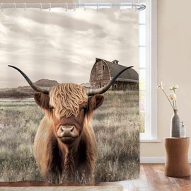 AMBZEK Highland Cow Farmhouse Shower Curtain 60Wx72L Inch Rustic Bull Western Farm Animal Country Longhorn Texas Artwork Cloth Fabric Waterproof Polyester Bathroom Decor Set with 12 Pack Hooks