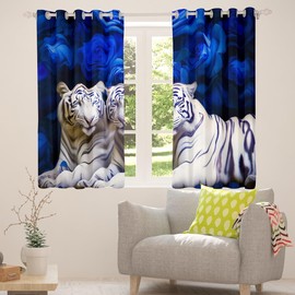 White Tiger Blackout Curtains Blue Rose Curtains,Wild Animal Flowers Curtains & Drapes Brown Big Cat Fur Hair Window Curtains 2 Panels 42"Wx63"L,Woodland Wildlife Romantic Floral Room Decor