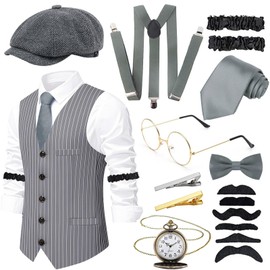 1920s Men Costume Set for Men, Retro 20s Roaring Gatsby Gangster Outfit 1920s Costuem Accessories for Party Supplies-M