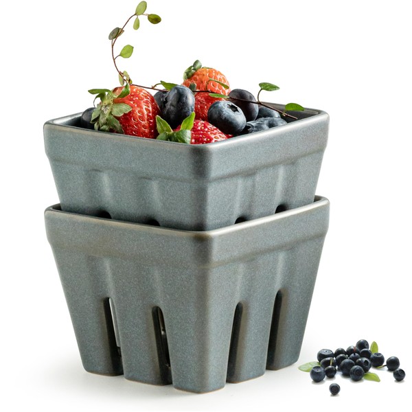 Gomakren Ceramic Berry Basket Set of 2, Square Fruit Bowls