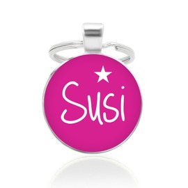 KT-Schmuckdesign Key Fob 25 mm Pink Cabochon with Desired Text and Star Motif, pink