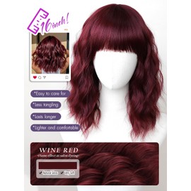 Aokiya Short Wine Red Wig with Bangs Bob Curly Wavy Hair Wigs for Women Burgundy Shoulder Length Style Wig Synthetic Heat Resistant Wig for Everyday Hairstyle 16 Inch