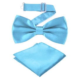 Adjustable Bowtie and Pocket Square Men Bowtie and Handkerchief Solid Color Double Fold Pre-Tied Bow Tie for Wedding Party - Blue