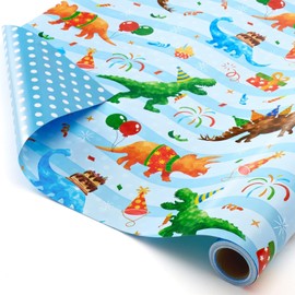 WERNNSAI Dinosaur Birthday Wrapping Paper Roll - 1 Roll 17”x 9.84 ft Blue Dinosaur Wrapping Paper for Boys Birthday Gift Packing Supply Baby Dino Decor Favor