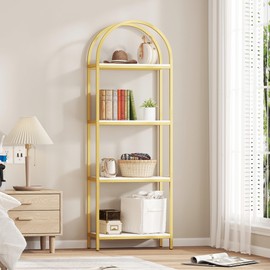 Yusong Bookshelf 4 Tier Arched Bookcase, 71.3" Tall Industrial Open Book Shelves for Living Room, Modern Freestanding Display Shelving Storage Rack Metal Frame, Office, Bedroom,Gold White