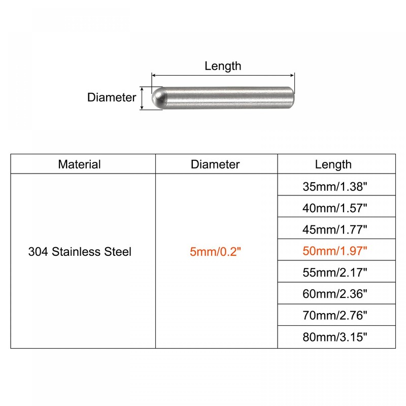 sourcing map 5x50mm Dowel Pins, 10pcs 304 Stainless Steel Round