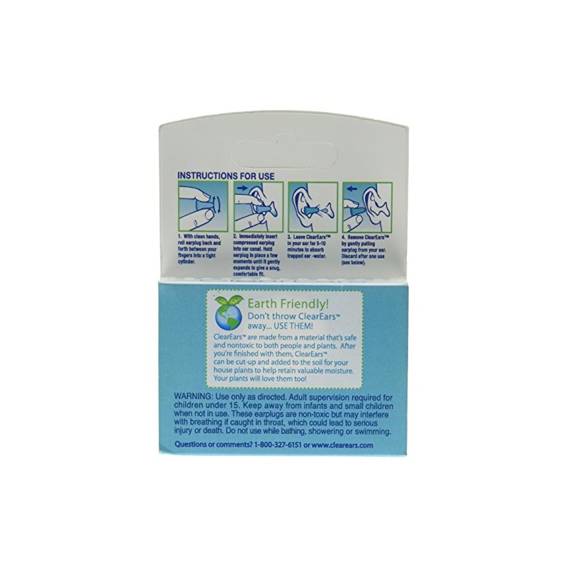 Clear Ears Water Absorbing Earplugs 5 Pairs, for Swimming, Bathing