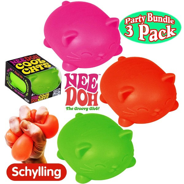 Schylling NeeDoh Cool Cats The Groovy Glob! Squishy, Squeezy, Stretchy Stress Balls Green, Orange & Pink Complete Gift Set Party Bundle - 3 Pack