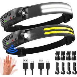 Linterna frontal de 2 piezas, linterna frontal LED de detección inteligente,linterna frontal con iluminación gran angular de 230°,peso ultraligero, carga USB,resistente al agua (Faro - 2 bar)