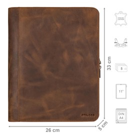 STILORD 'Tate' Vintage Document Organiser Leather Ring Binder A4 Document Folder Genuine Leather Document Holder Tablet 11 Inch Conference Folder Zip, Colour:Sepia - Brown