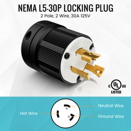NEMA L5-30P Locking Plug, Generator Twist Lock Adapter Male Plug, 30 Amp, 125 Volt, 2 Pole, 3 Wire Grounding, Heavy Duty Industrial Grade, Electrical Replacement Connector, UL Listed